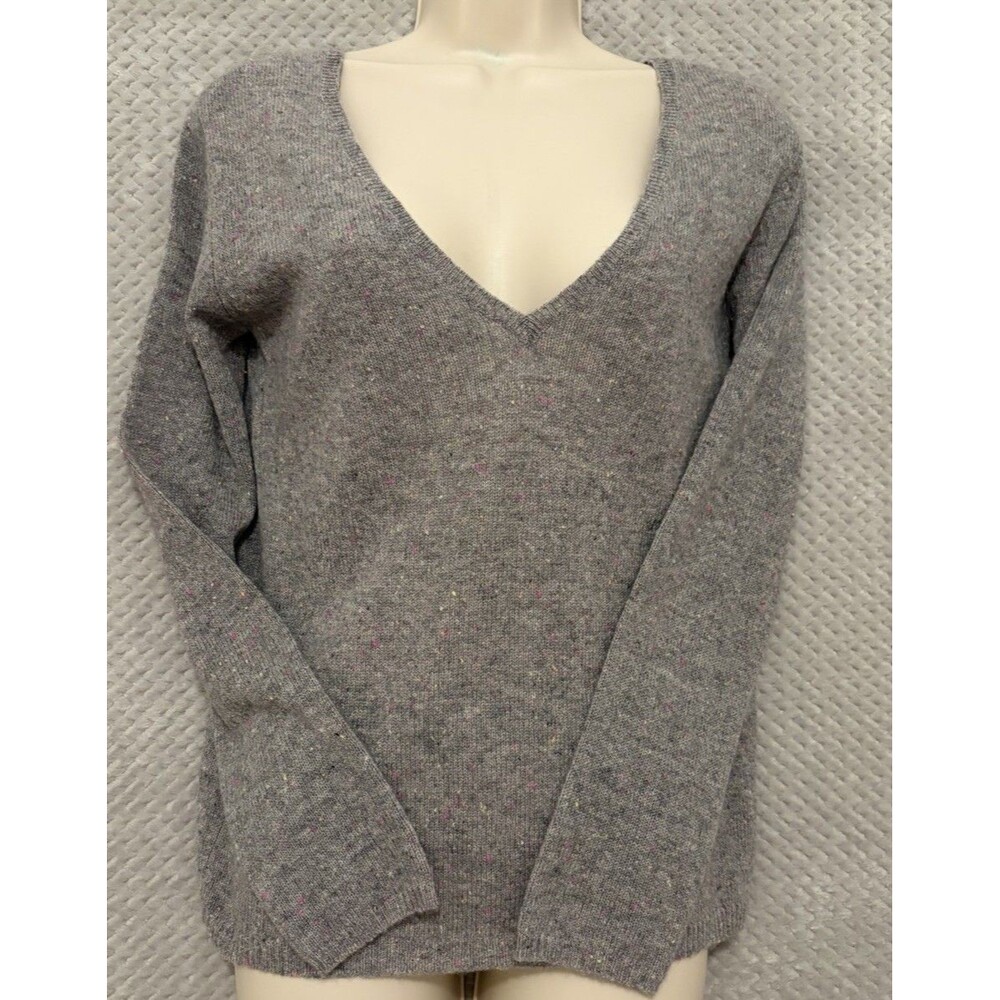 100% Cashmere Gray V-Neck Sweater Multicolor Fleck Speckled Knit Women’s